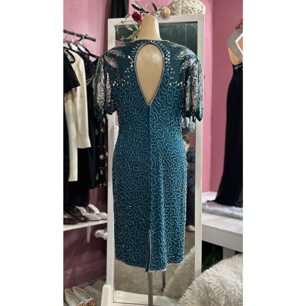 Vintage 80s Beaded Mini Dress Green Silver Open Back Cocktail Evening S/M - Picture 7 of 9